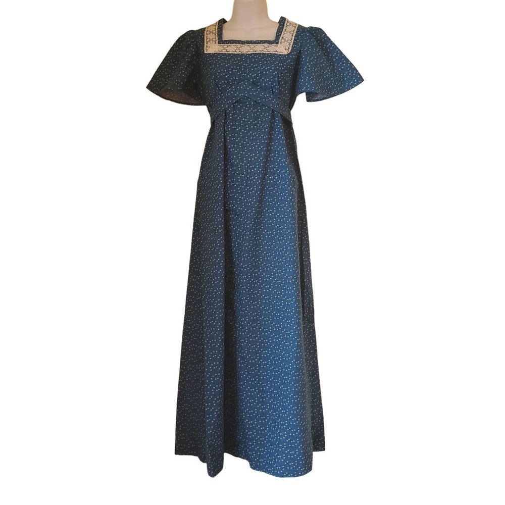Homemade Blue Green Floral Dress Lace Prairie Cosplay Square Neck Empire Waist